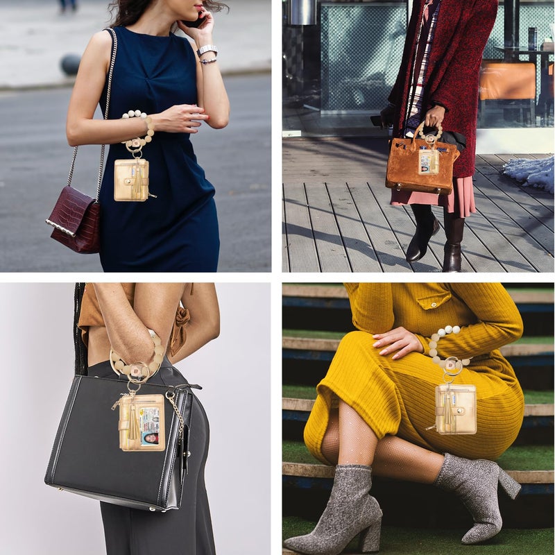 COOLANS Wristlet Bracelet Keychain Pocket Credit Card Holder Purse Tassel Keychain Bangle Key Ring for Women (Silicone Bead Bracelet+Card Purse (Coffe gold)) - Image 5